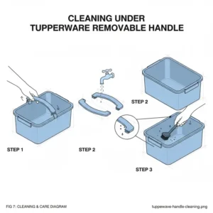 Step-by-step cleaning guide showing how to maintain the area underneath a removable tupperware handle.