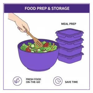 A purple tupperware bowl being used for fresh salad meal prep and storage.