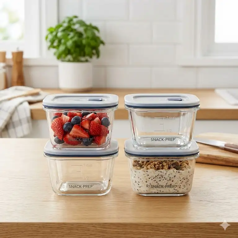 A set of clear 1 cup food storage containers with airtight lids arranged on a kitchen counter for meal prep.