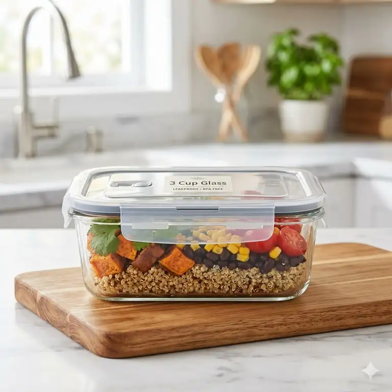A premium 3 cup glass storage container with a clear locking lid on a kitchen counter.