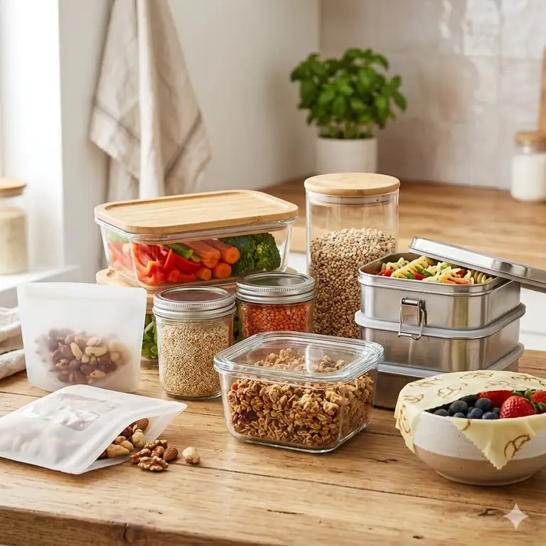 Featured Image: A complete set of various plastic free food storage containers including glass jars and metal boxes on a wooden table.