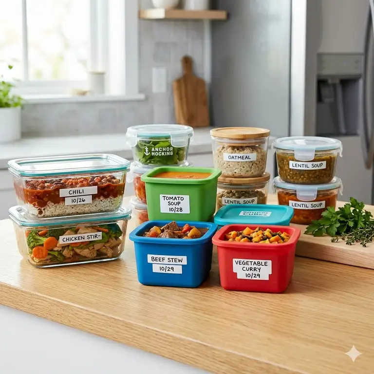 A variety of glass and silicone single serving freezer containers filled with colorful prepped meals on a kitchen counter.