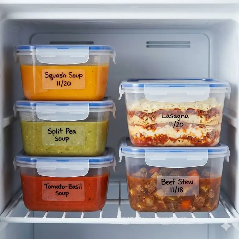 A stack of durable plastic freezer cartons filled with meal-prepped soups inside an organized freezer.