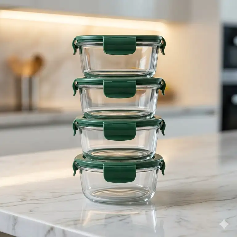 A professional stack of clear 1 2 cup containers with lids on a marble kitchen counter.