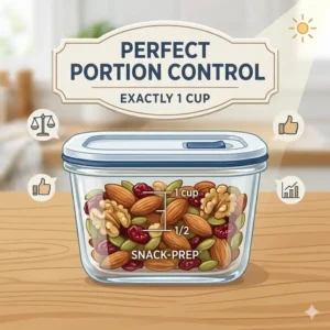 An illustration showing a 1 cup food storage containers set filled with healthy snacks for perfect portion control.