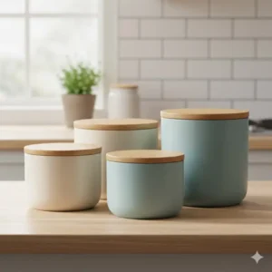 A set of kitchen ceramic container units organized on a wooden countertop.