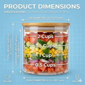 A diagram illustrating the height and width dimensions of 2 cup glass food storage containers.