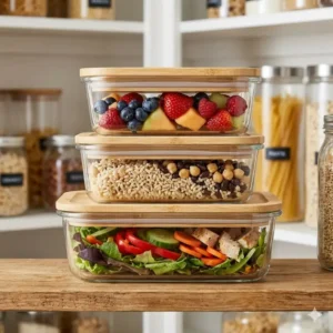 Illustration 1: Stacked glass meal prep style plastic free food storage containers with eco-friendly bamboo lids.