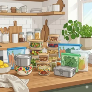 Durable glass jars and bowls with bamboo lids representing the best eco friendly food storage containers for meal prep.
