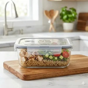Healthy meal prep food packed inside a 3 cup glass storage container.