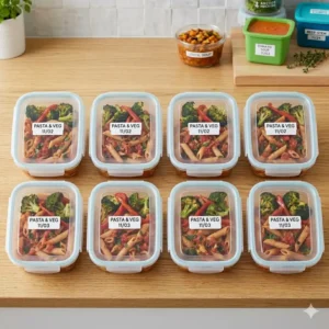 Row of identical single serving freezer containers filled with pasta and vegetables for weekly meal planning.