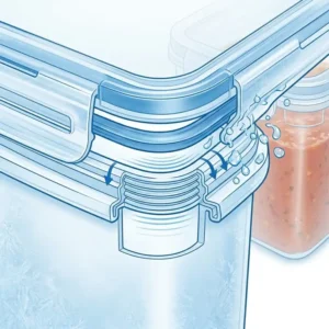 Close-up illustration of the airtight seal on plastic freezer cartons to prevent freezer burn and leaks.