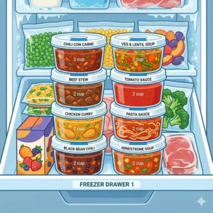 Three 2 cup freezer containers neatly stacked inside a freezer drawer to demonstrate space-saving organization.