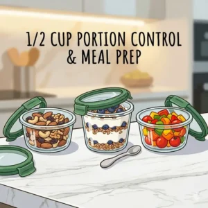 Healthy snacks and berries portioned in 1 2 cup containers with lids for meal prep.