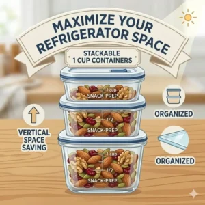A visual graphic demonstrating how 1 cup food storage containers are stackable to maximize refrigerator space.