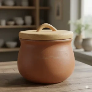 Close-up of a handcrafted ceramic container featuring an airtight wooden lid.