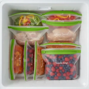 A freezer drawer neatly organized with eco friendly freezer bags for meal prepping.