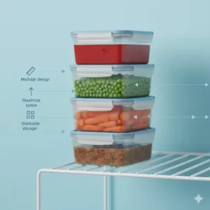 A diagram showing how modular plastic freezer cartons stack vertically to maximize storage space in the kitchen.
