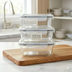A stack of three 3 cup glass storage container units for organized kitchen storage.