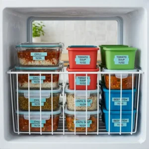 Neatly stacked airtight single serving freezer containers inside a freezer drawer to maximize storage space.