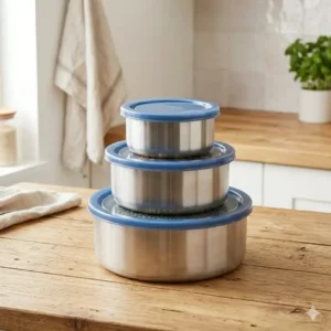 Illustration 2: Round stainless steel nesting plastic free food storage containers showing a durable and sustainable design.