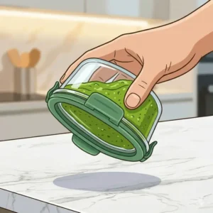 A leak-proof demonstration of liquid-filled 1 2 cup containers with lids held sideways.