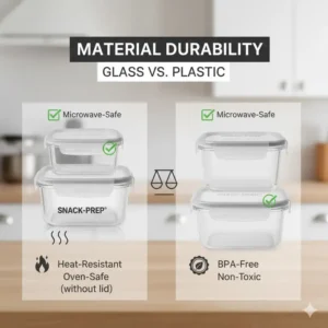 A comparison illustration highlighting the heat-resistant and non-toxic material of 1 cup food storage containers.