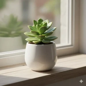 A small white ceramic container repurposed as a decorative planter for a succulent.