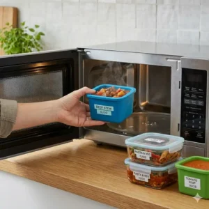 A person placing a single serving freezer container into a microwave for quick reheating.