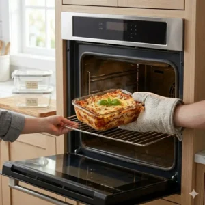 A heat resistant 3 cup glass storage container being placed into a hot oven.
