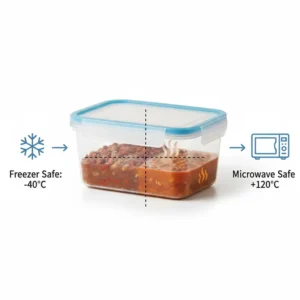 An illustration showing the wide temperature range of plastic freezer cartons moving from freezer to microwave.