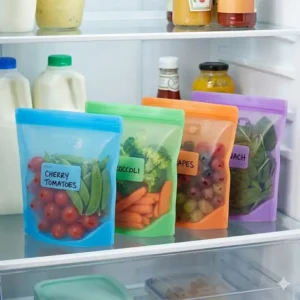 Illustration 3: Colorful airtight silicone bags as modern plastic free food storage containers stored inside a refrigerator.