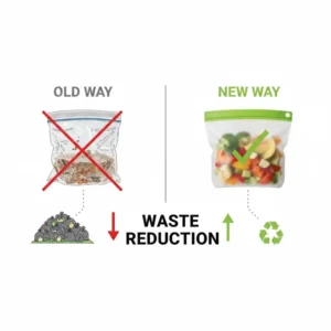 Illustration showing the environmental impact of switching to eco friendly freezer bags.