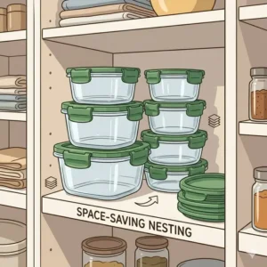 Space-saving kitchen storage featuring nestable 1 2 cup containers with lids in a cabinet.
