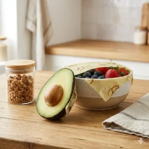 Illustration 4: Natural beeswax wraps used alongside plastic free food storage containers to keep fruits and vegetables fresh.
