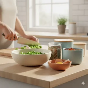 Various sizes of ceramic container pieces filled with ingredients for food preparation.