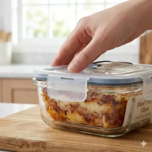Close up of the airtight seal on a leak proof 3 cup glass storage container.