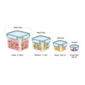 A comparative size guide showing different capacities of plastic freezer cartons for various storage needs.