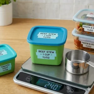 Close-up of a measured single serving freezer container helping with healthy portion sizes.