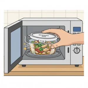 A person placing 2 cup freezer containers into a microwave to reheat a pre-frozen healthy meal.
