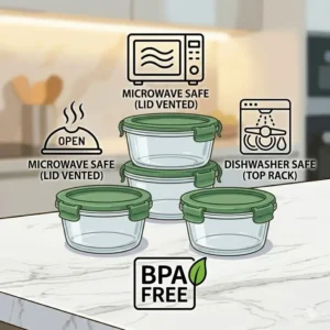 Microwave and dishwasher safe icons on BPA-free 1 2 cup containers with lids.