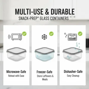Icons displaying that these 1 cup food storage containers are safe for use in the microwave, freezer, and dishwasher.