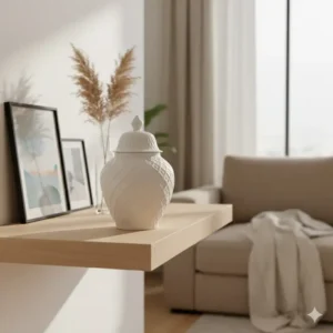 An elegant ceramic container placed on a shelf as a living room centerpiece.