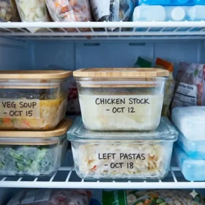 Illustration 5: Glass plastic free food storage containers labeled for organized meal prep inside a cold freezer.