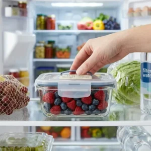 Fresh fruits stored in a 3 cup glass storage container inside a refrigerator.