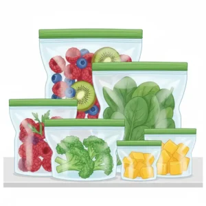 Fresh berries and sliced fruits stored safely inside eco friendly freezer bags.
