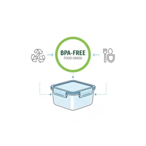 An icon-based illustration highlighting the food-grade and BPA-free material used in plastic freezer cartons.