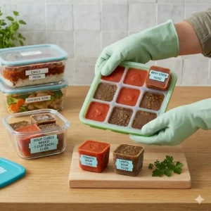 Silicone freezer molds used for storing single serving freezer containers of soup and homemade broth.