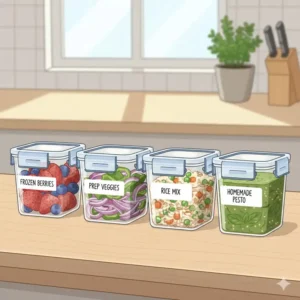 Transparent 2 cup freezer containers showing stored contents like frozen berries and chopped onions for easy identification.