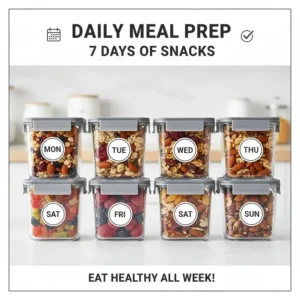 Seven labeled 1 cup food storage containers used for daily snack meal prep to help eat healthy all week.